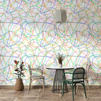 Colorful Line Print Wallpaper backdrop for a contemporary dining area setup.