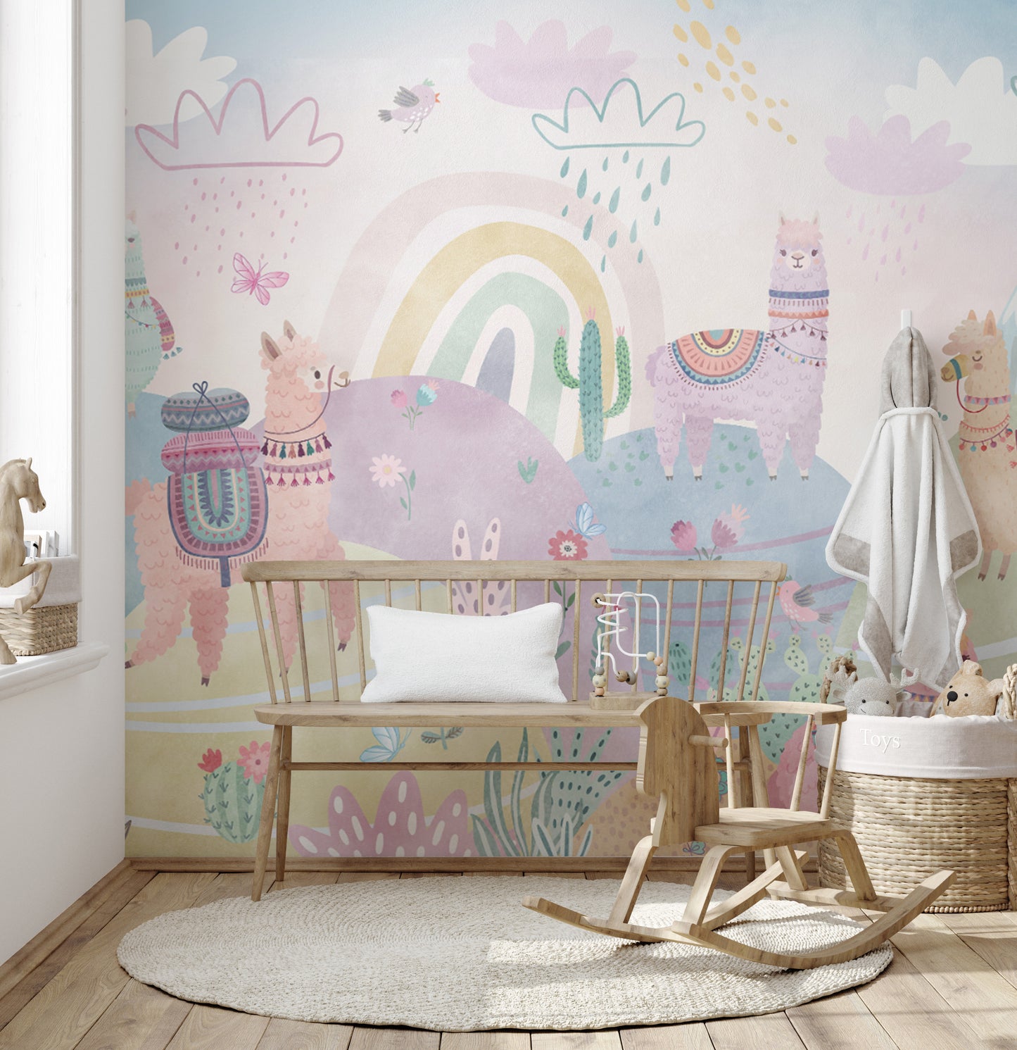 Playful llama and rainbow wall mural
