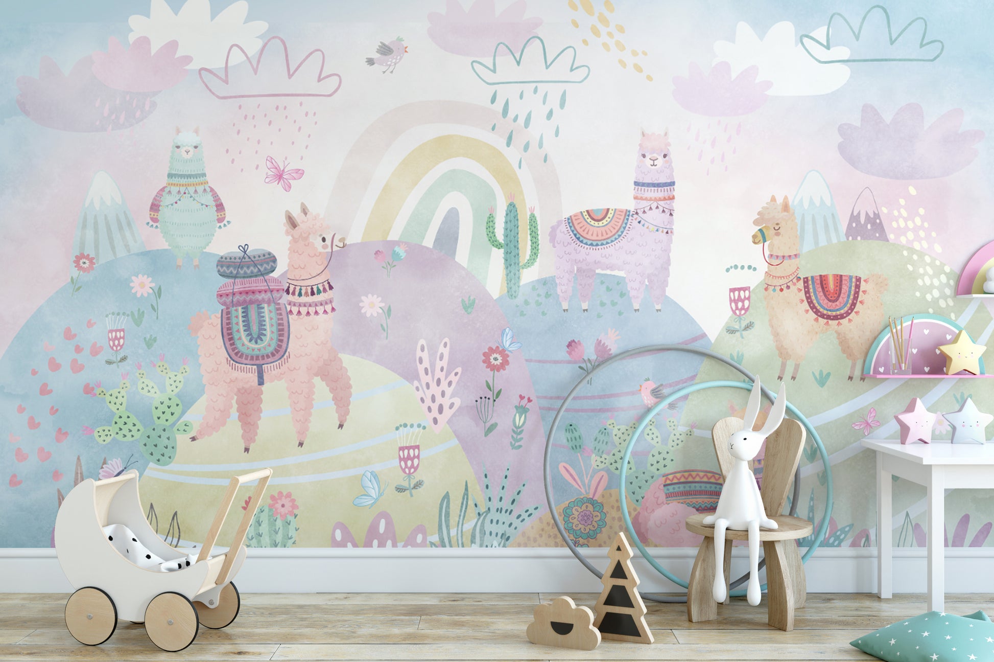 Rainbow and cactus kids' wallpaper
