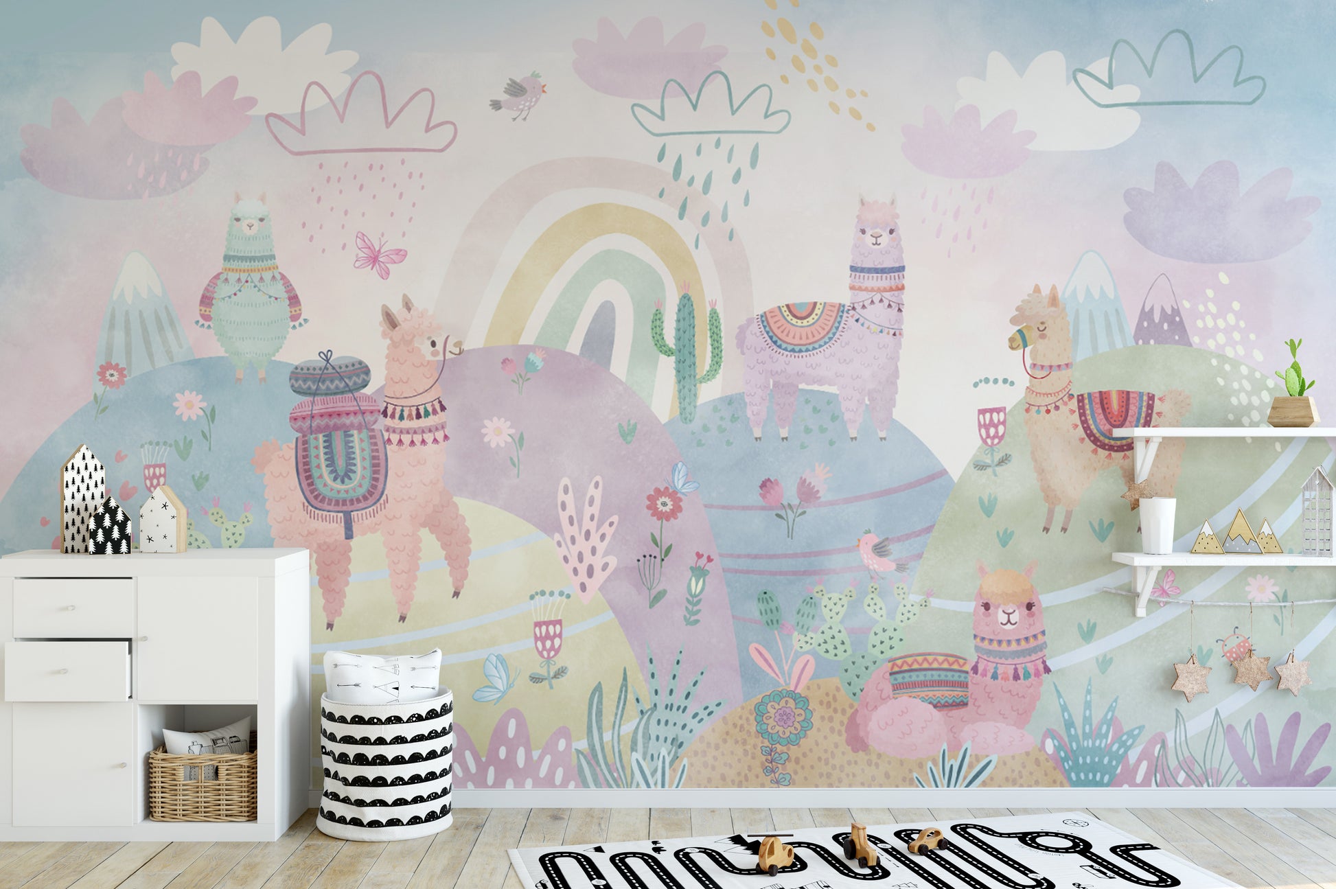 Pastel wildlife wall mural for kids

