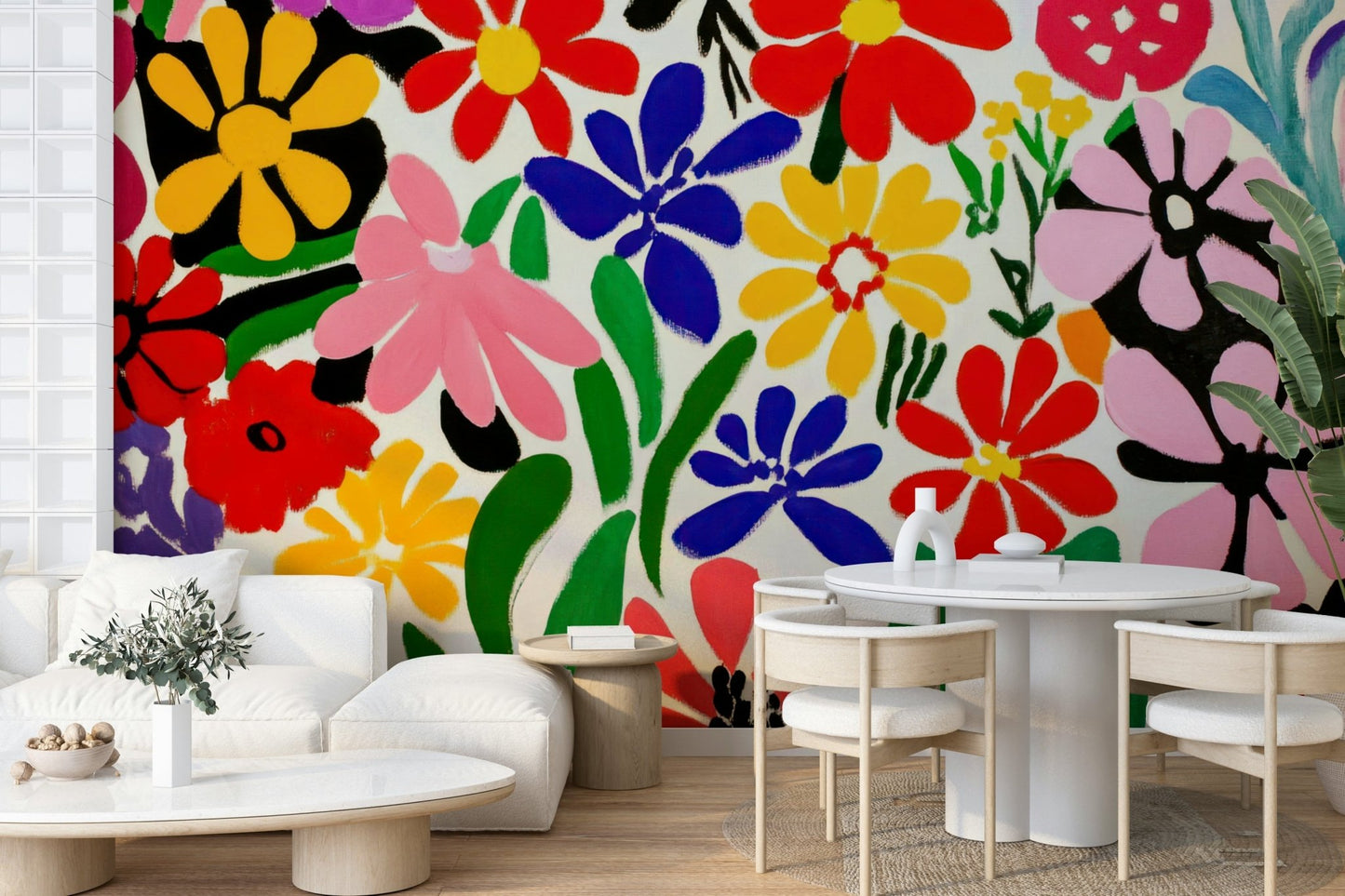 Artistic mural with paper-cut style floral elements


