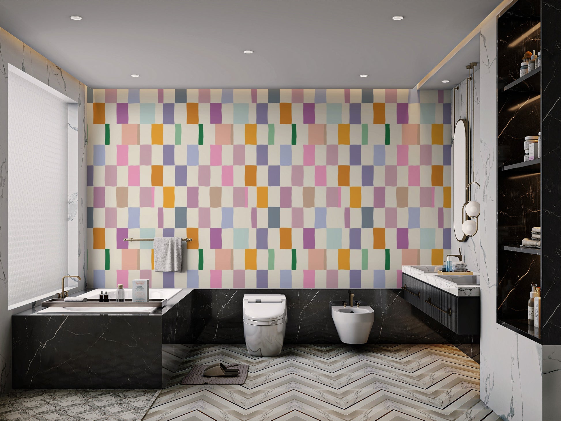 Colorful Mosaic wallpaper in pastel pink, purple and orange squares above a black marble bathtub in a bathroom