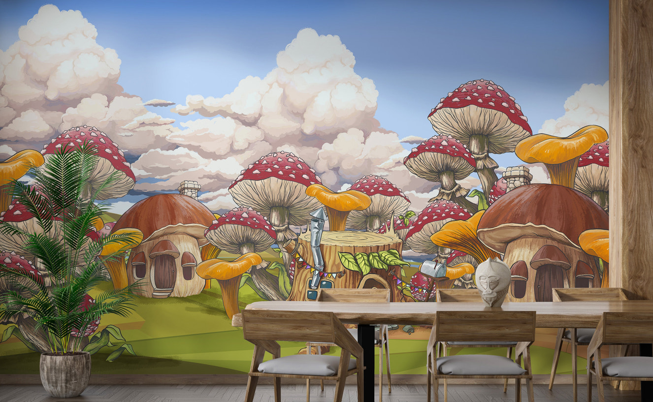 Vibrant kids city wall mural with mushrooms