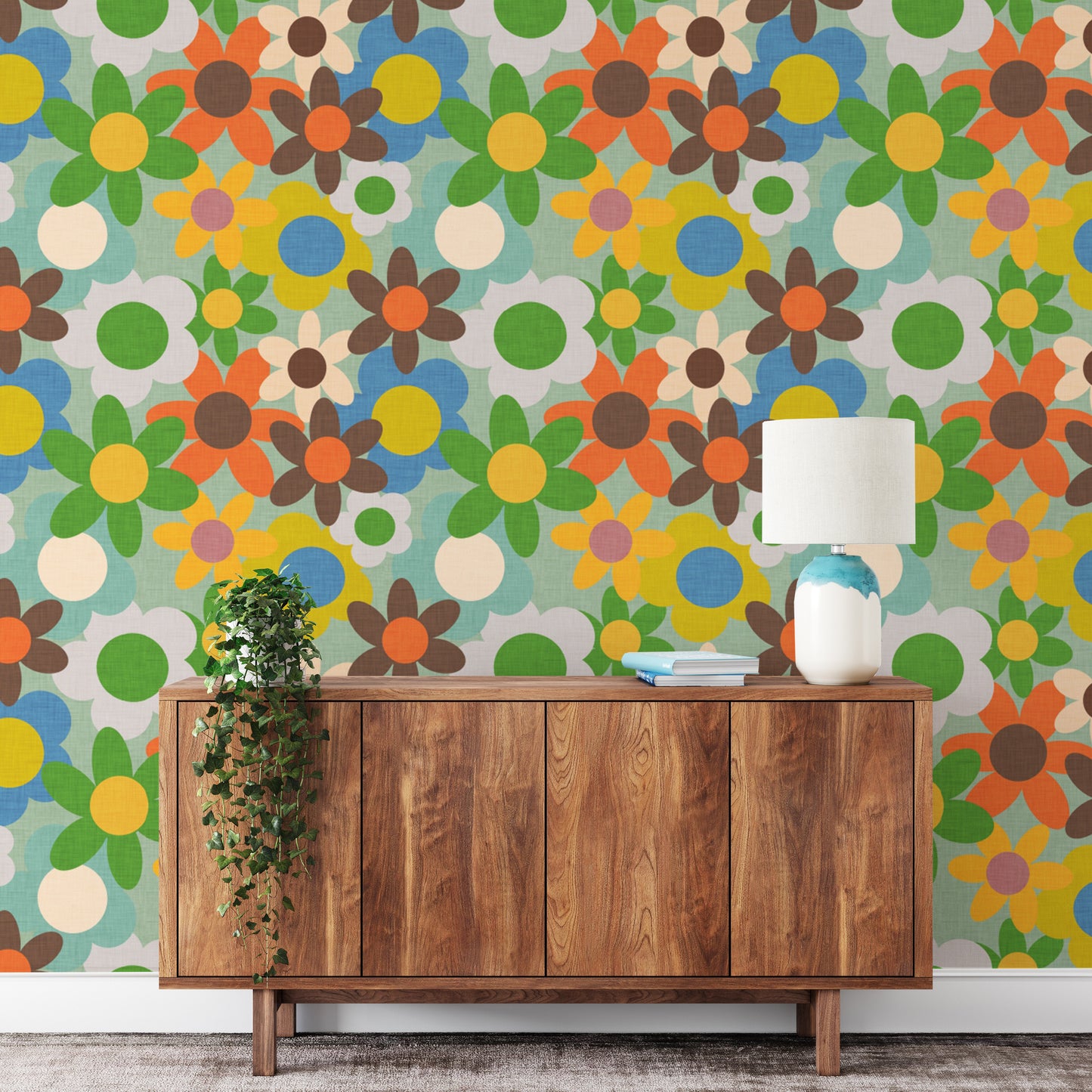 Bright flower pattern mural with retro color tones
