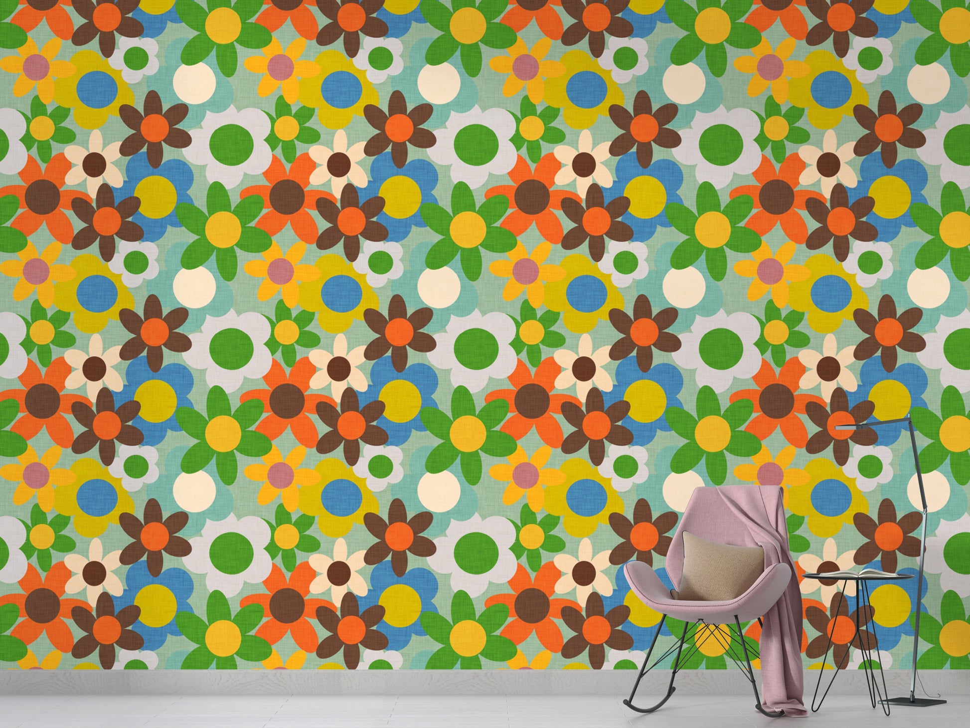 Multicolor floral design wallpaper with retro vibe

