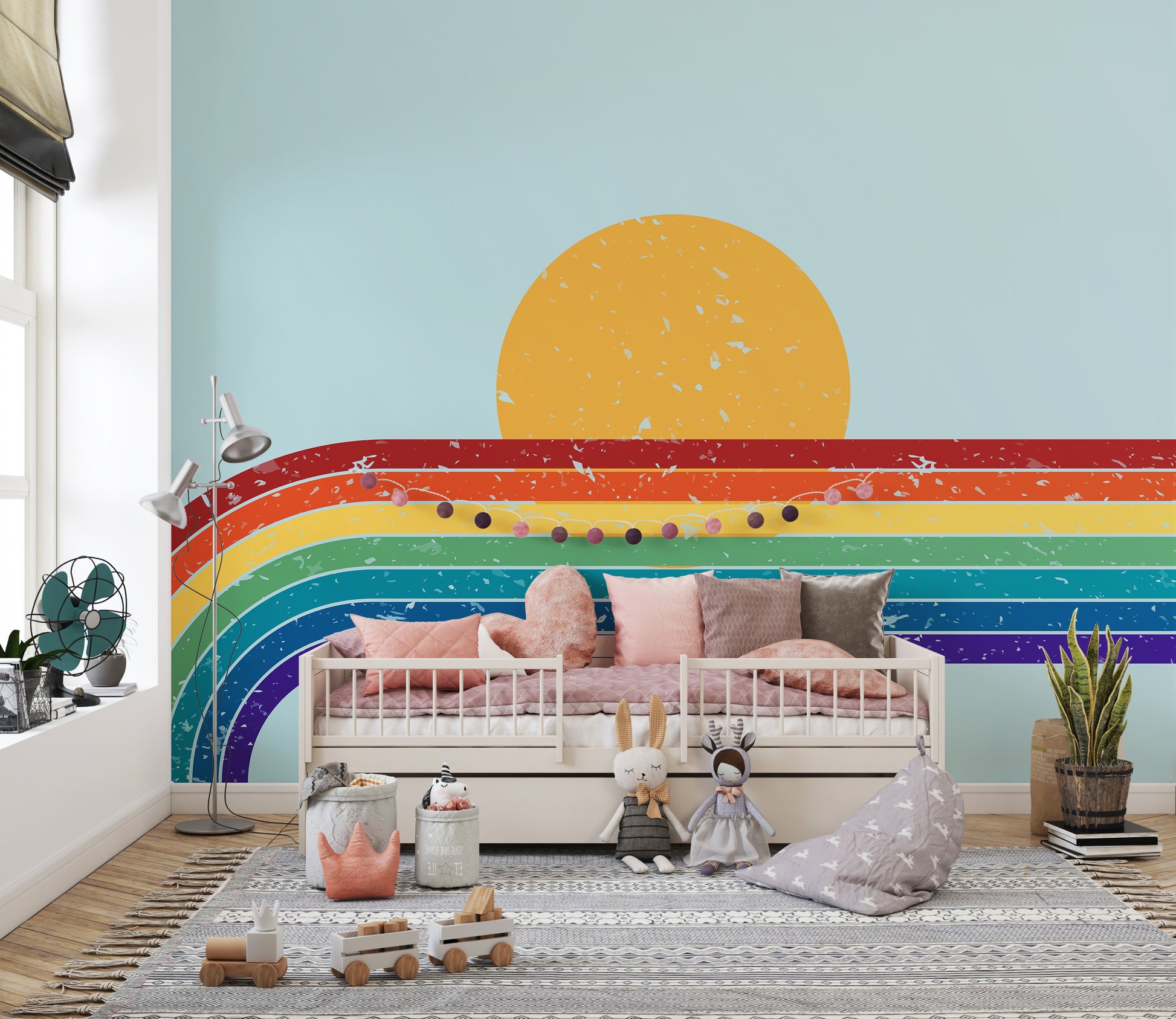 Minimalist rainbow mural with soft textures
