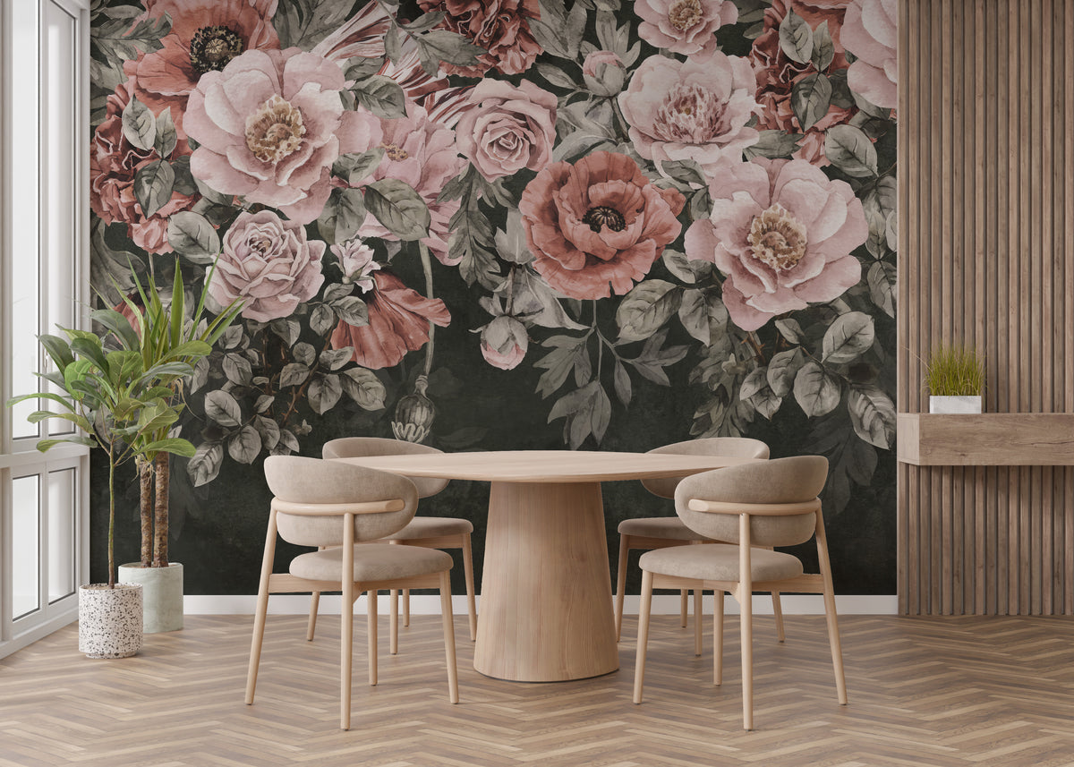 Colorful Roses wallpaper mural of pink roses and peonies on a dark wall behind a round wood dining table