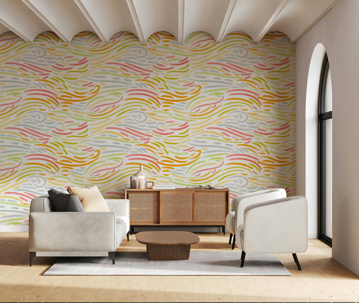 Artistic pink and orange brushstrokes on Colorful Strokes mural art.