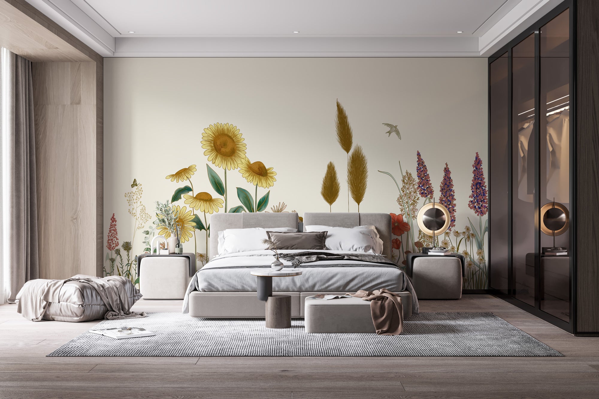 Colorful Sunflower Field wallpaper mural with yellow sunflowers, pampas grass and lupines behind a grey upholstered bed in a bedroom