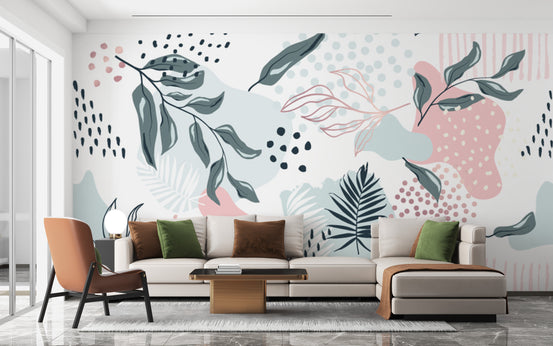 Colorful & Trendy Design Leaves wallpaper mural shown as a full feature wall that highlights the design