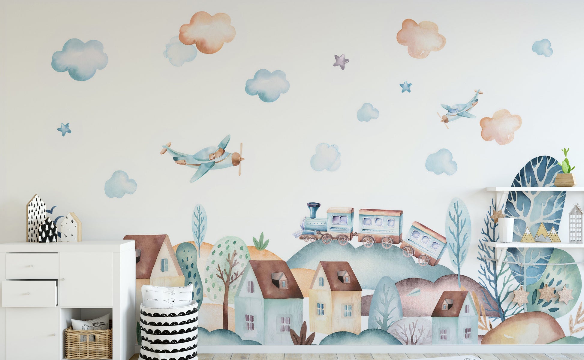 Vibrant Watercolor Village Wallpaper for Nursery Walls
