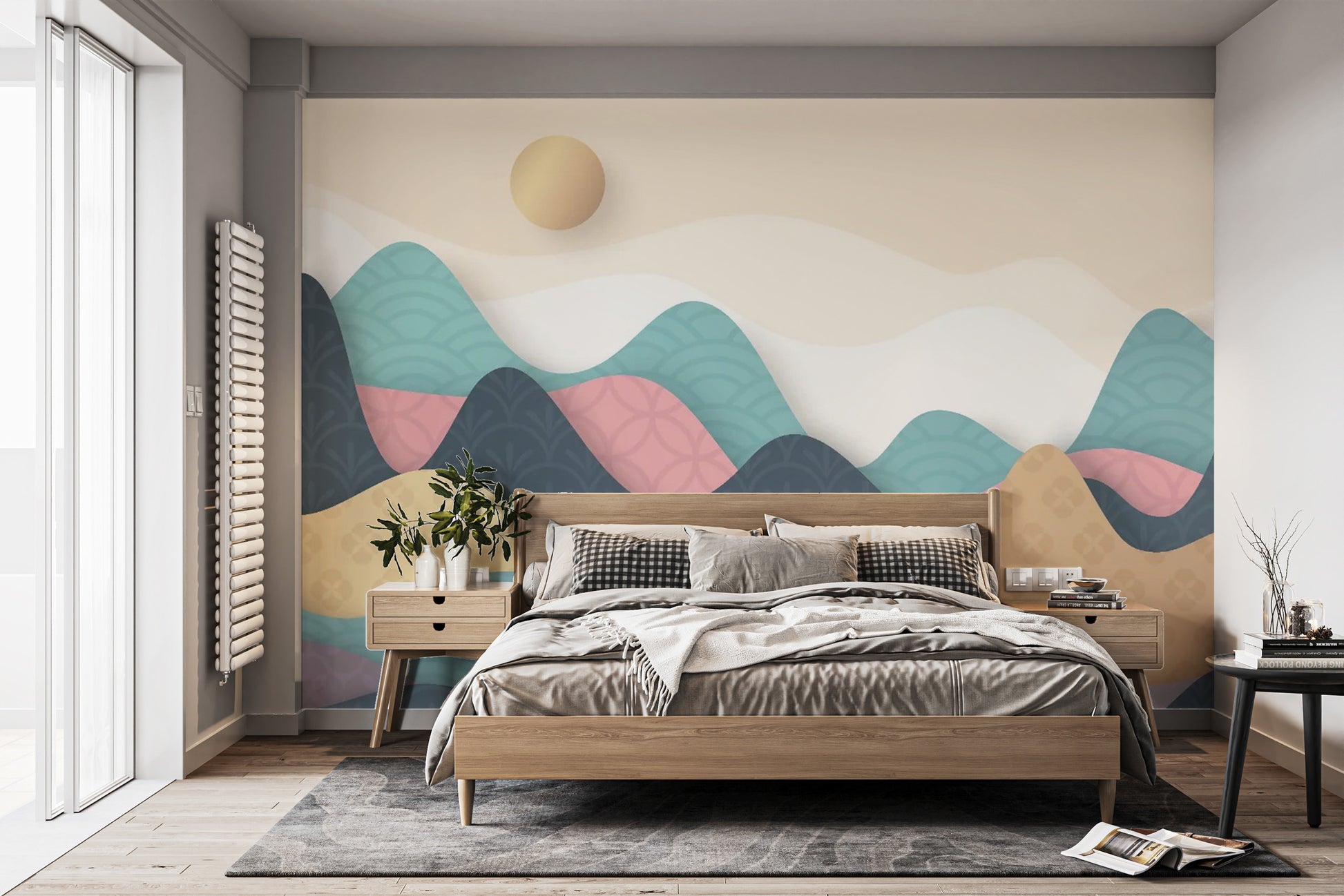 Soft wavy hills wallpaper design for a primary bedroom