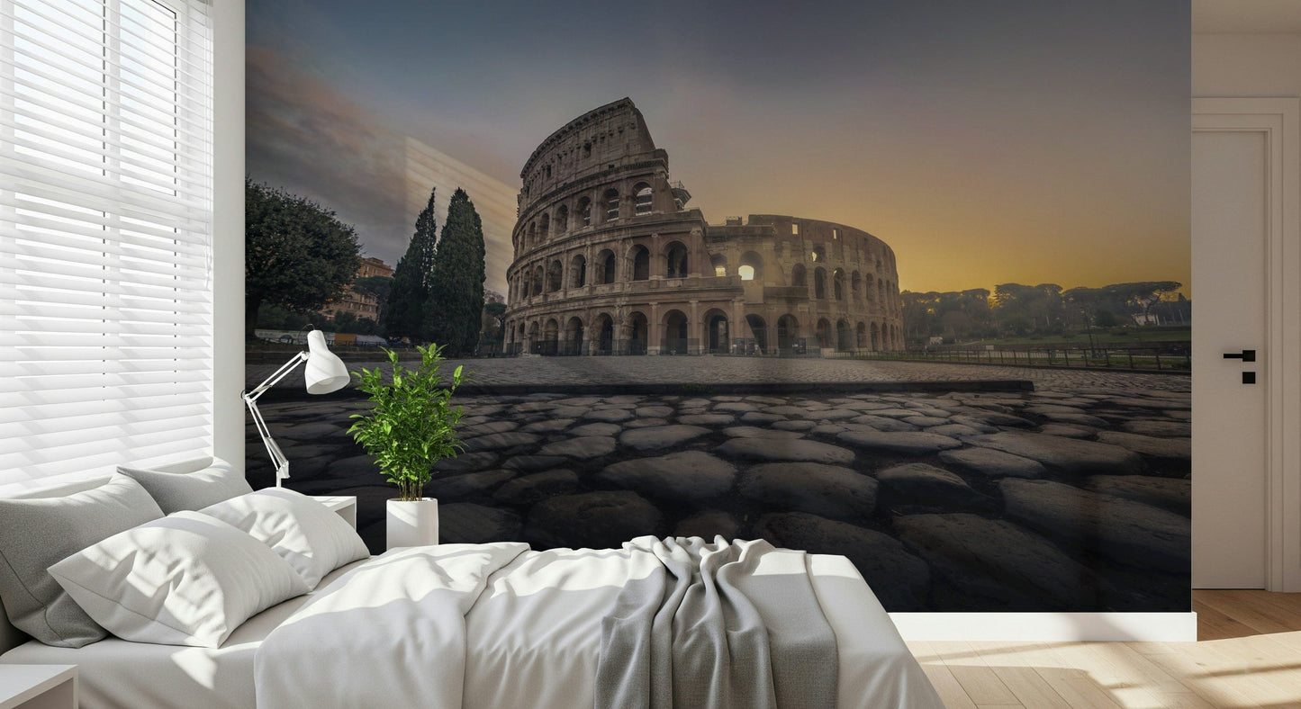 Eternal Rome's Colosseum Wall Mural behind sofa, classic landmark art, modern apartment decor