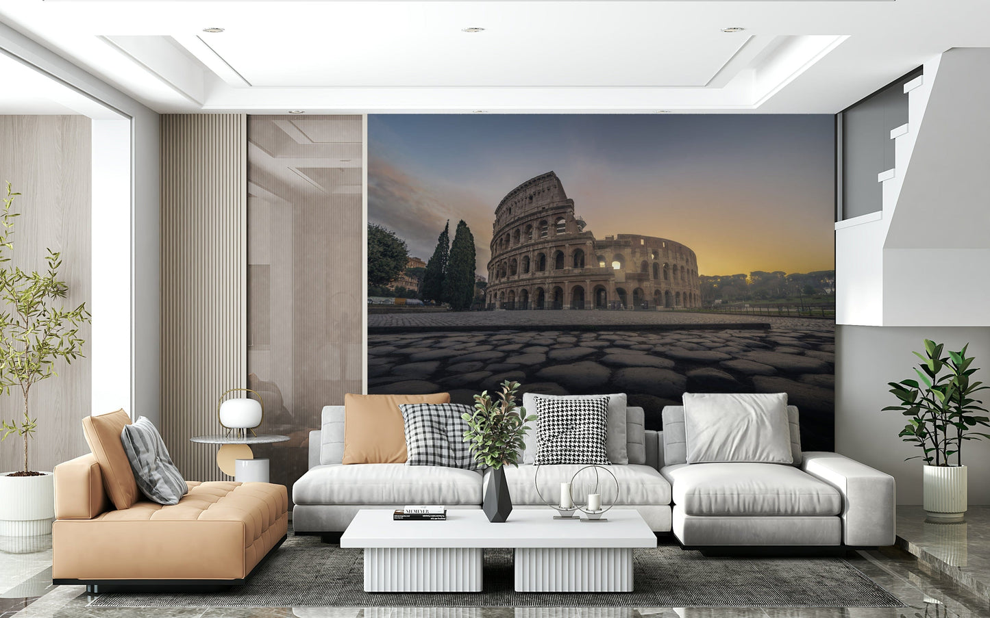 Colosseum landscape mural in home office, modern desk, warm neutral wall decor