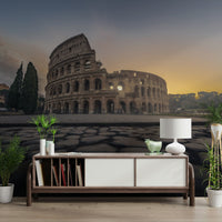 Colosseum wall mural in modern living room, warm beige and stone color tones, feature wall