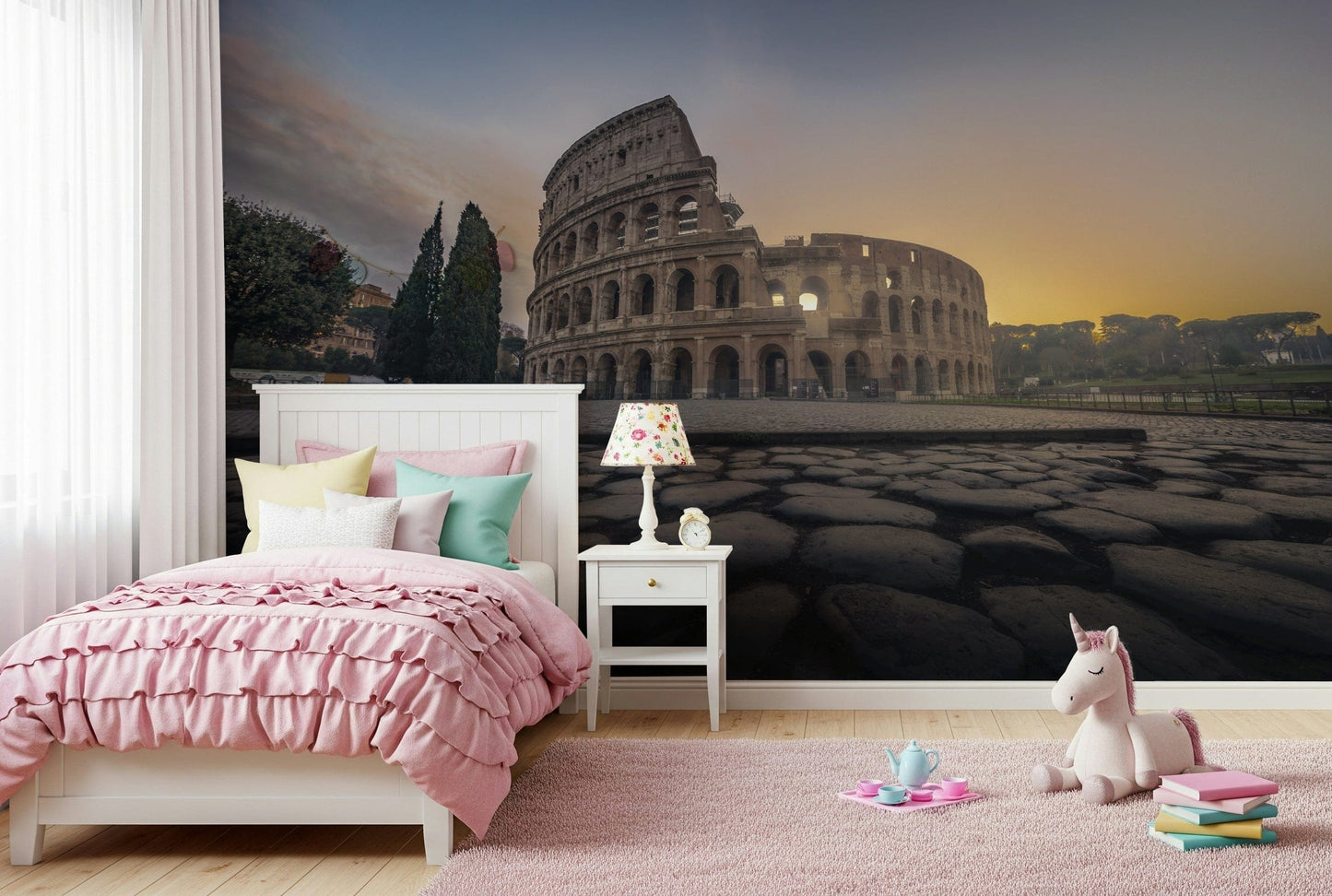 Wide Colosseum scene mural in modern apartment lounge, beige and taupe tones, feature wall