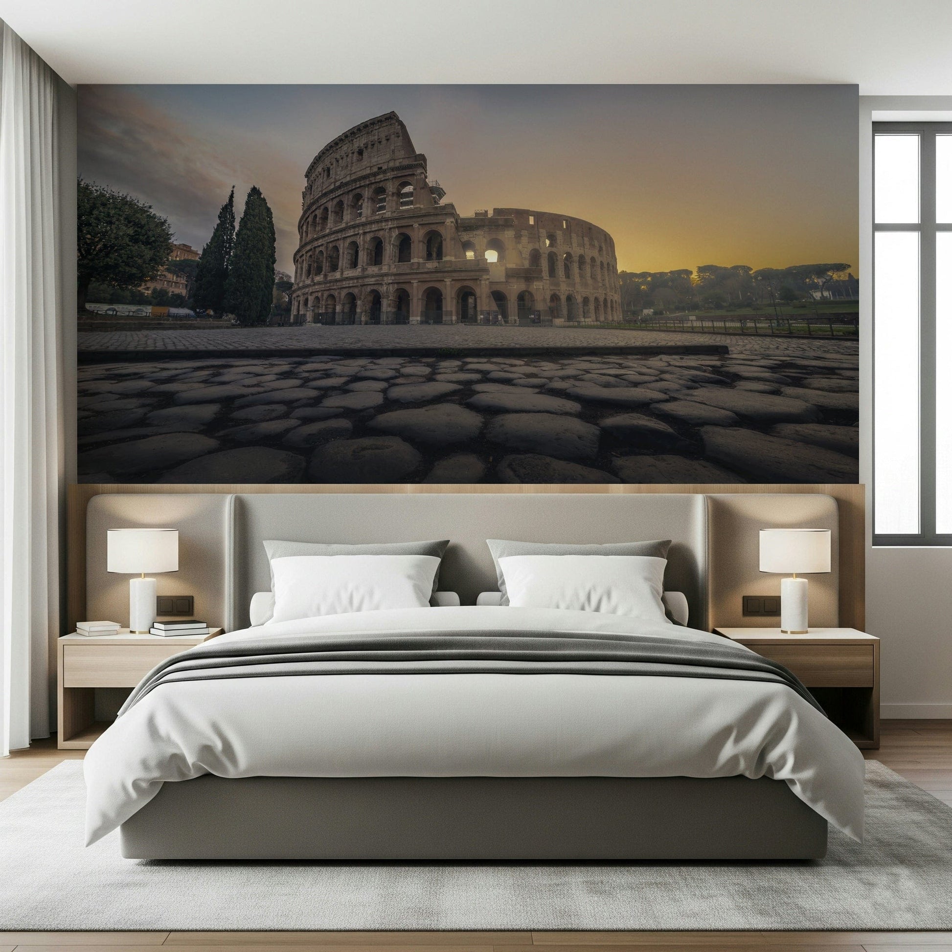 Colosseum mural in workspace, matte-look finish, warm stone color palette