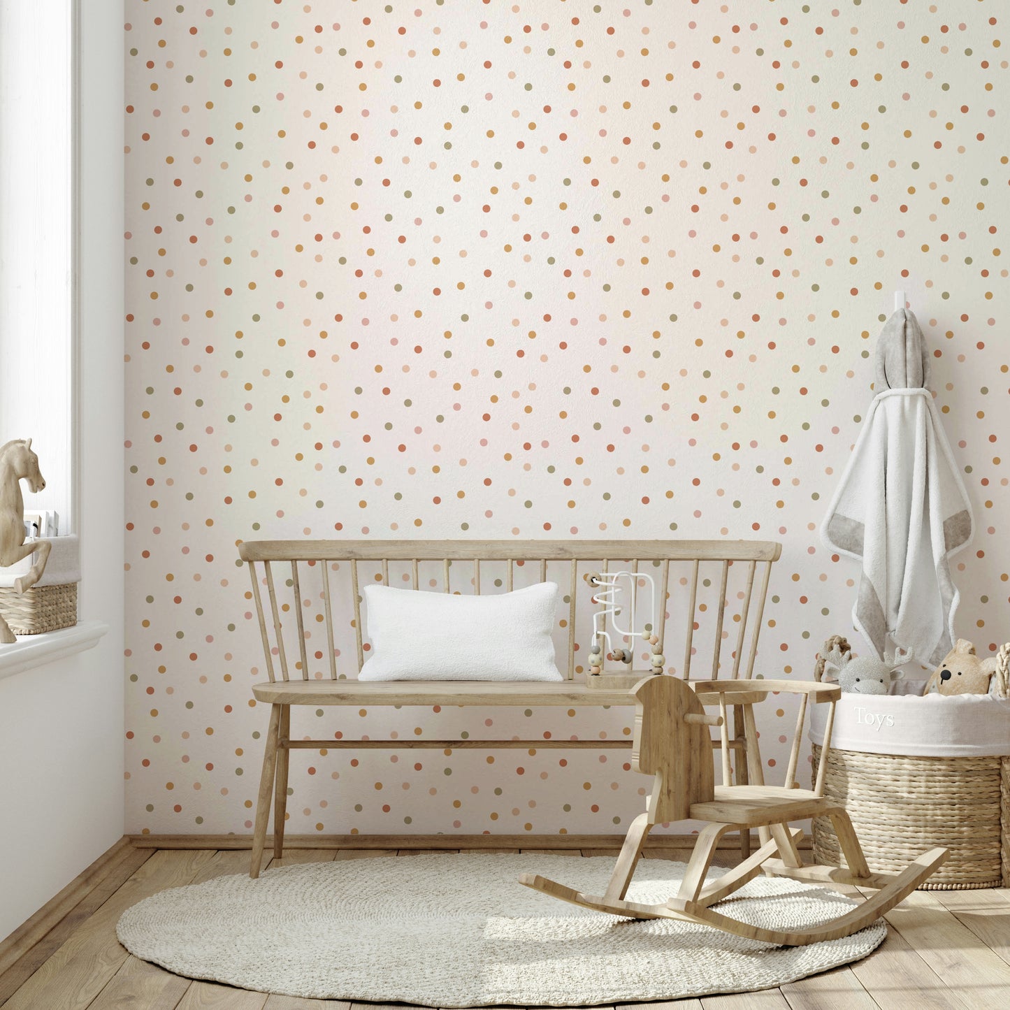 Playful woodland wallpaper in soft boho tones

