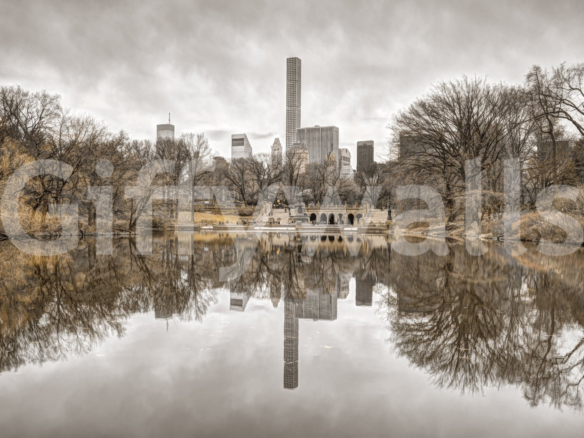 Contrast of Worlds sepia view of Central Park lake reflecting bare trees and skyline shown as a full-wall mural