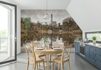 Contrast of Worlds mural in a kitchen dining nook with a light wood round table and X-back chairs