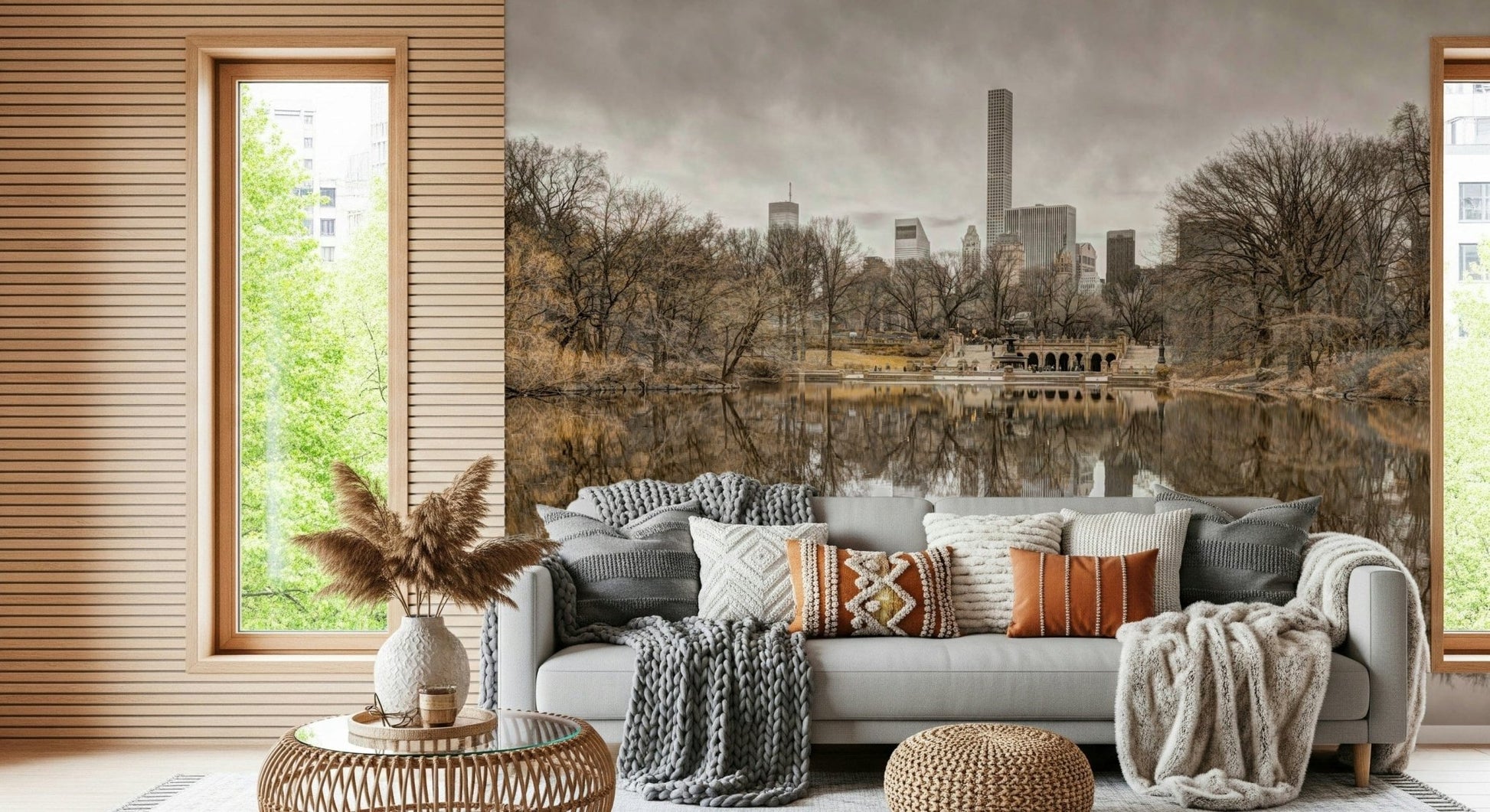 Contrast of Worlds mural behind a grey sofa piled with knit and rust pillows beside a window of greenery