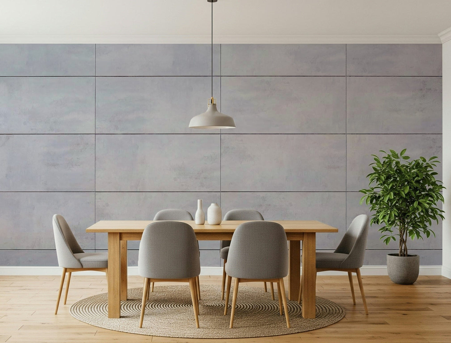 Cool grey wallpaper mural with subtle grid lines adding structure and sophistication to living spaces.