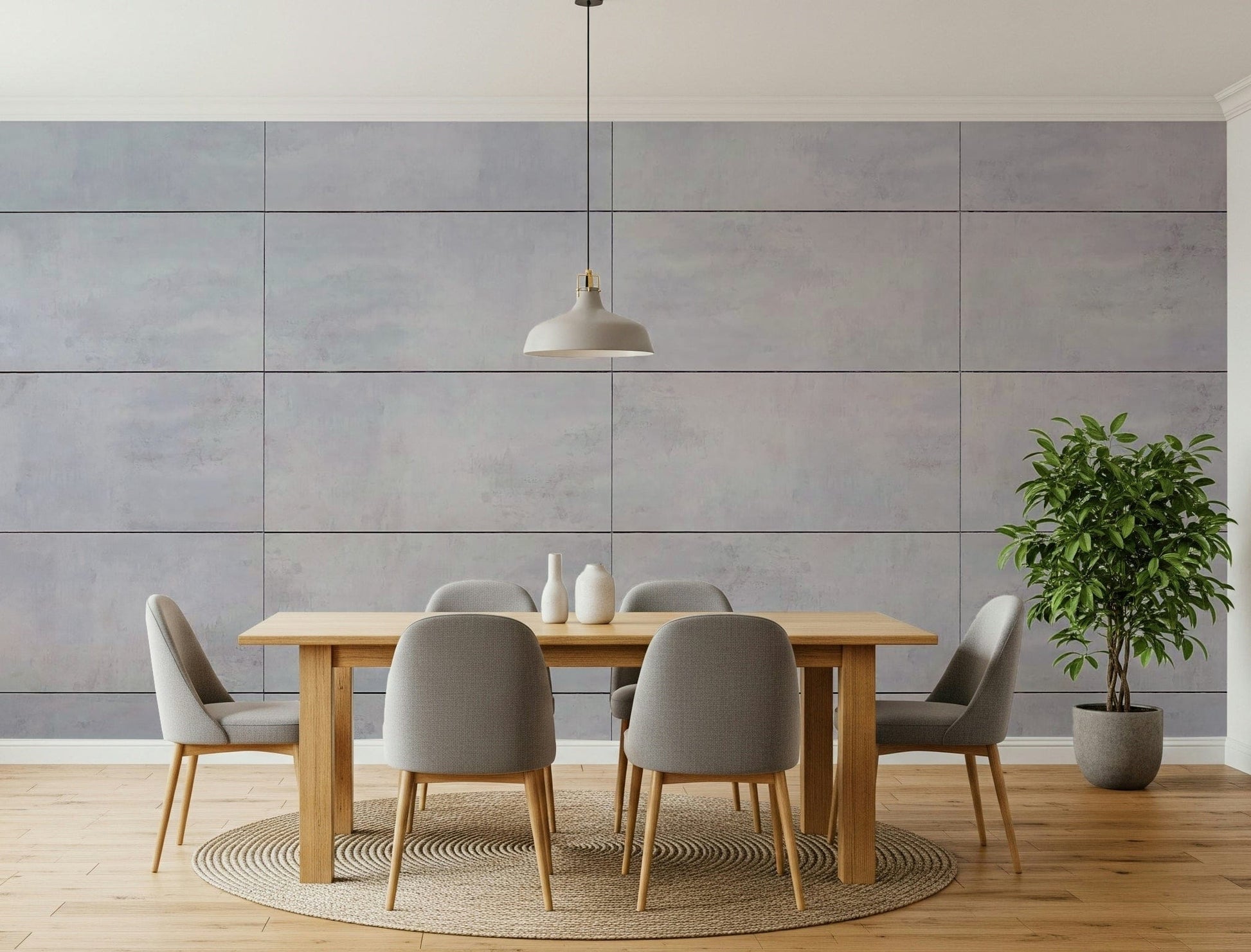 Cool grey wallpaper mural with subtle grid lines adding structure and sophistication to living spaces.