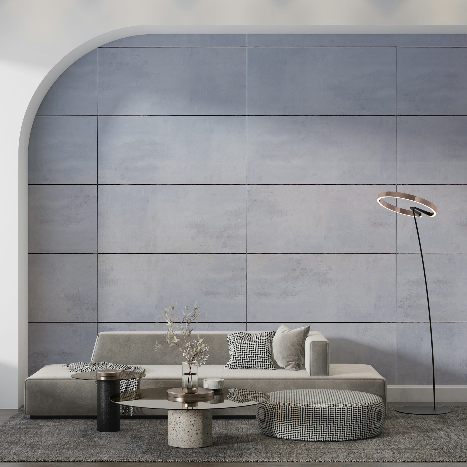 Textured wall mural with minimalist grey grid design creating a sleek and stylish accent wall.