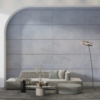 Textured wall mural with minimalist grey grid design creating a sleek and stylish accent wall.