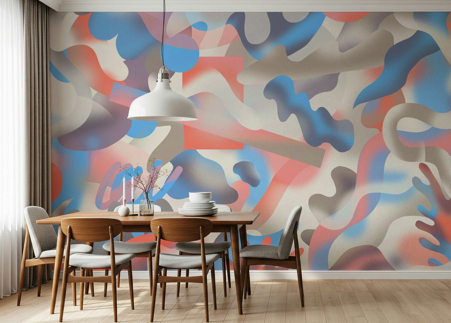 A peaceful underwater world mural on decorative wallpaper.

