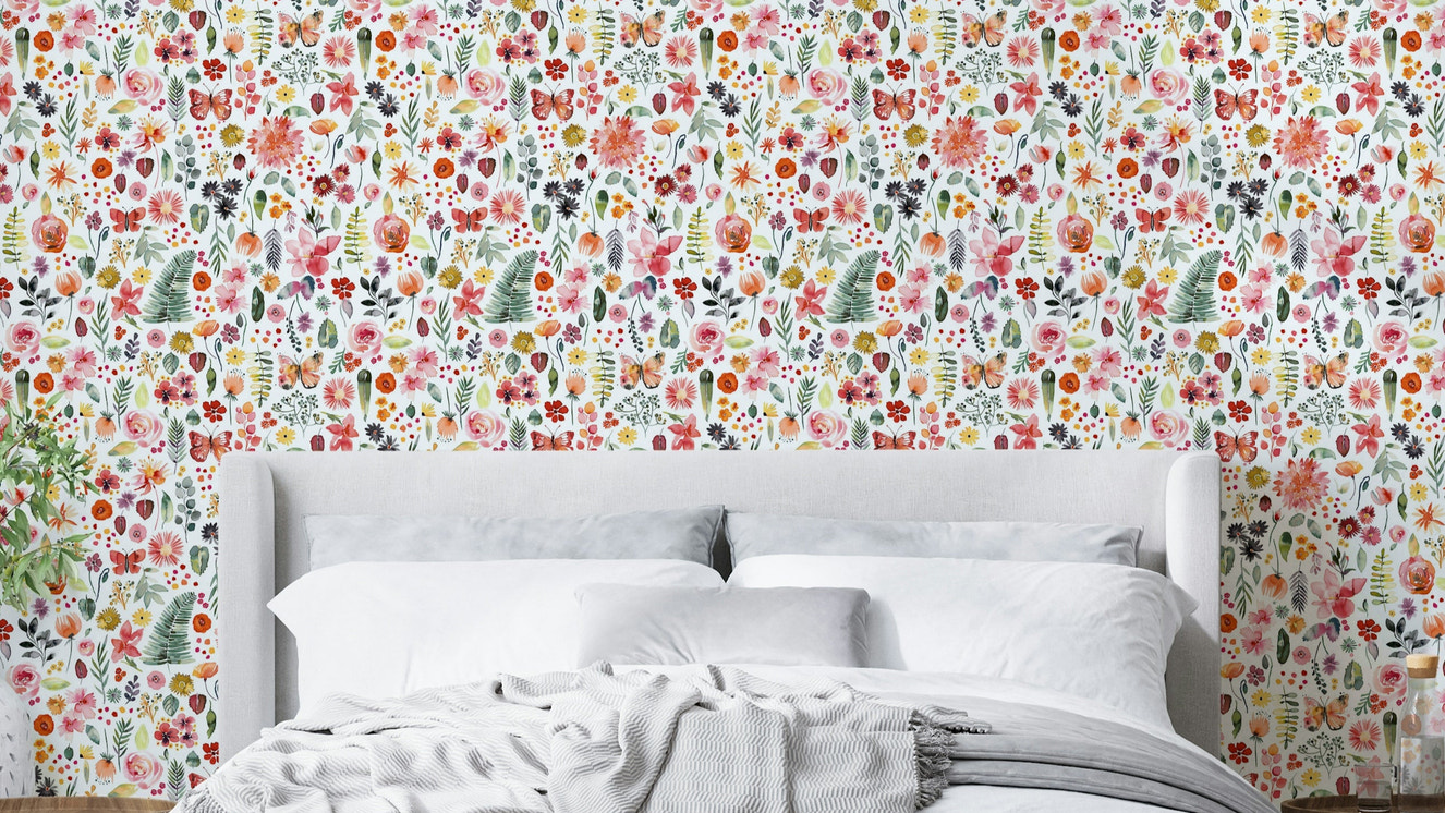 Colorful botanical plants on coral background wallpaper

