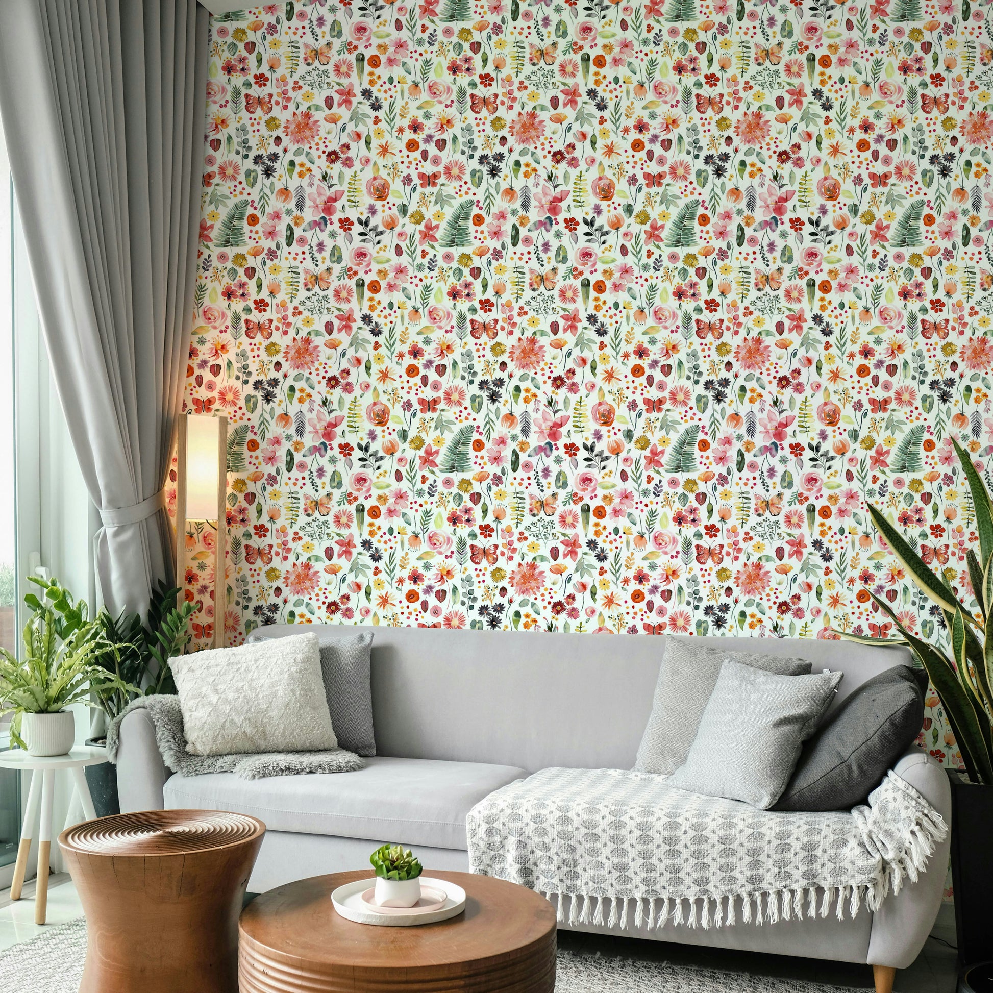Botanical-themed wallpaper in bold coral hues

