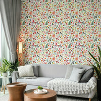 Botanical-themed wallpaper in bold coral hues

