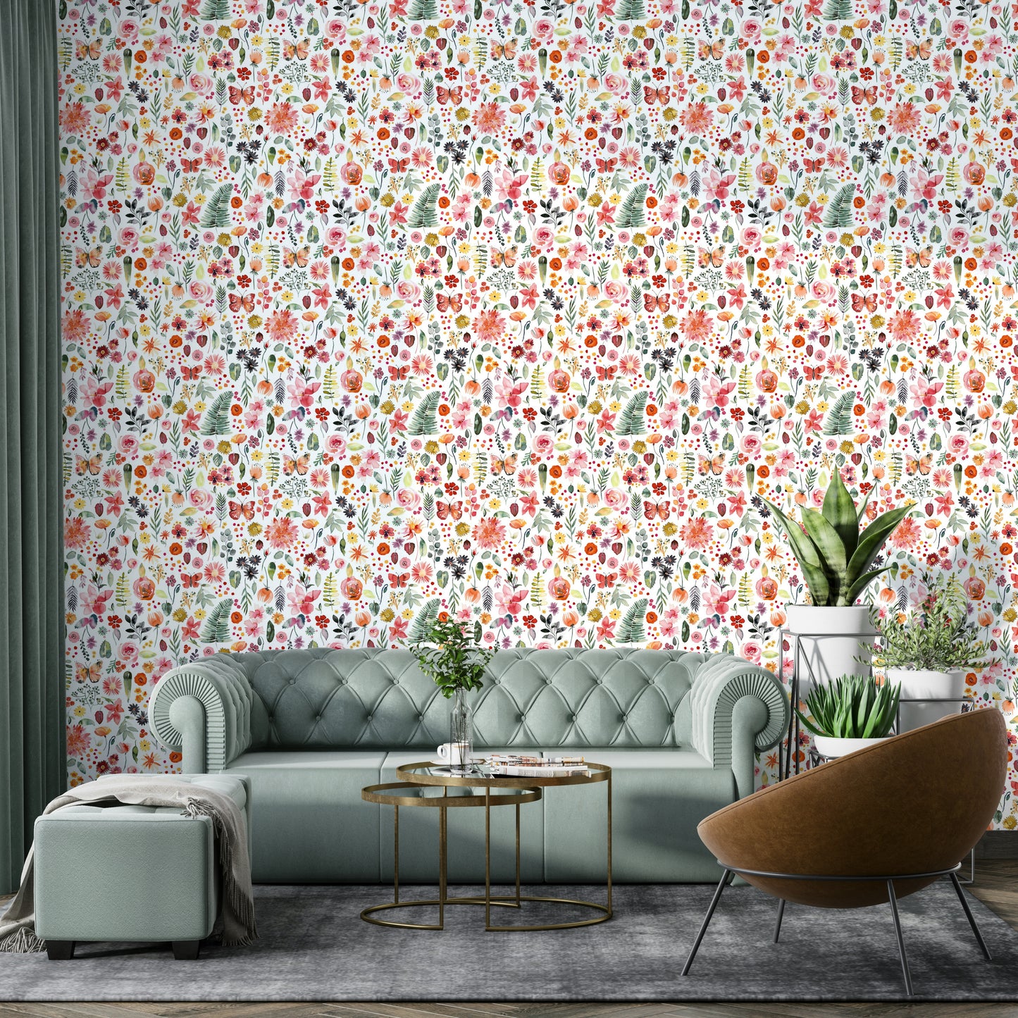 Vibrant coral wallpaper with tropical plant motifs

