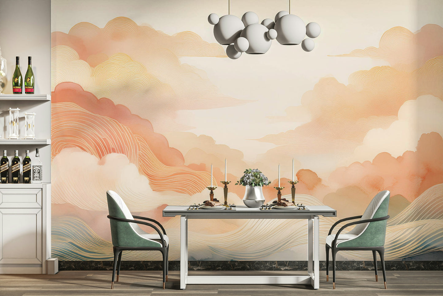 Detailed view of the brushwork and color blending in this cloud art wall covering.