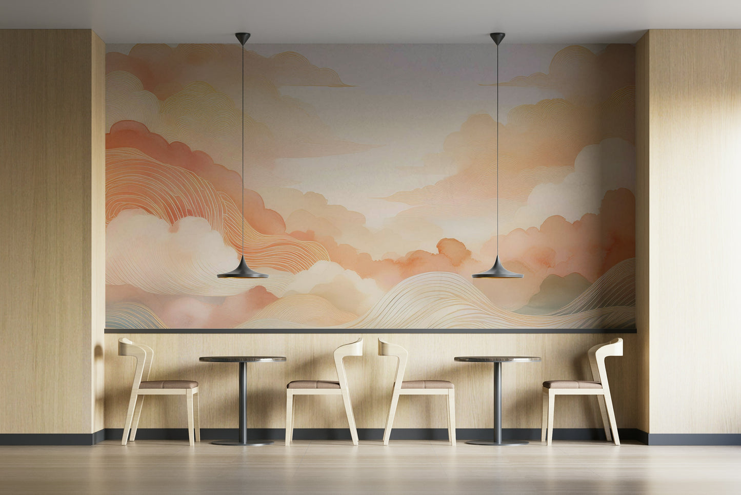 Abstract cloud mural behind a gray sofa in a brightly lit urban living space.