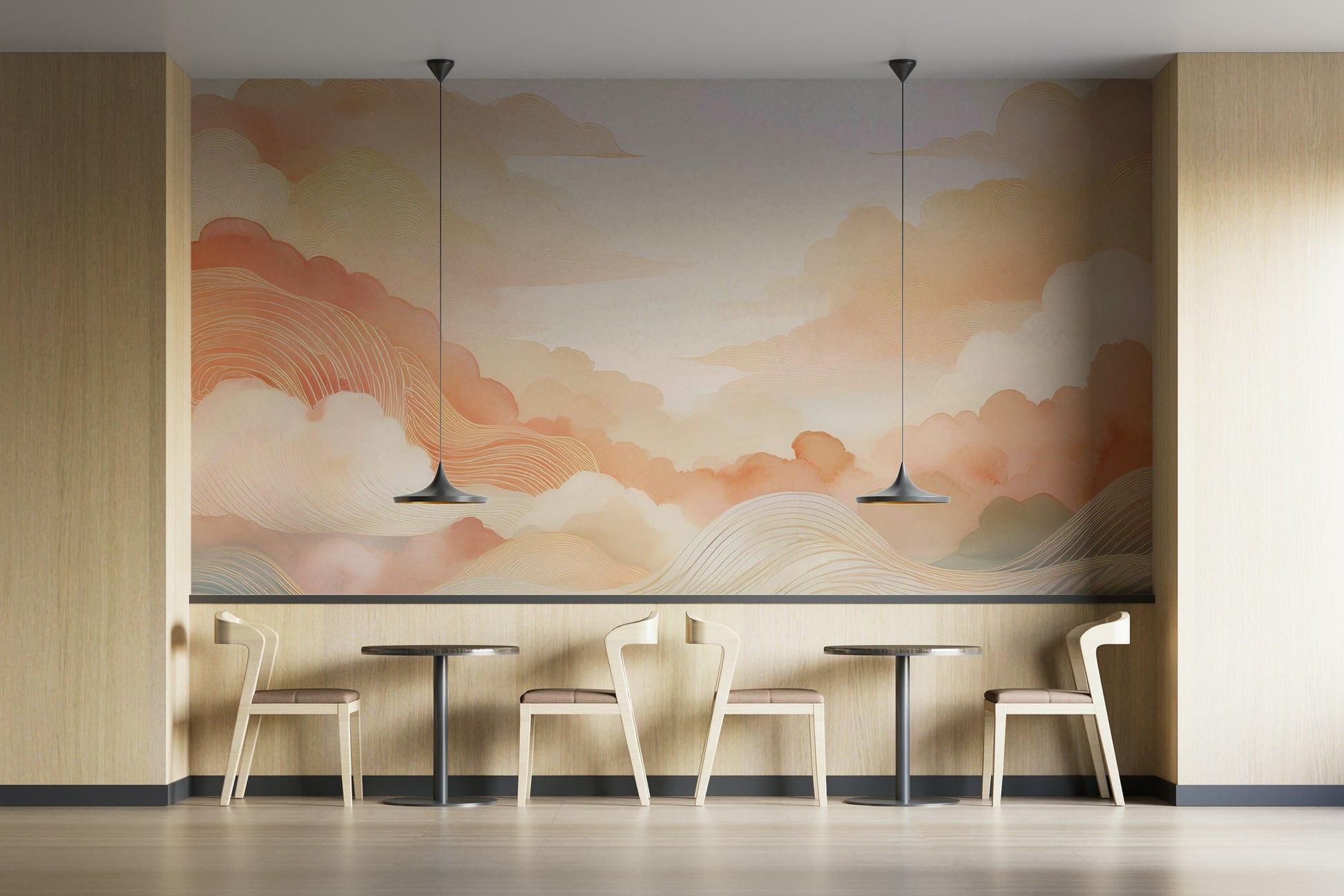 Abstract cloud mural behind a gray sofa in a brightly lit urban living space.