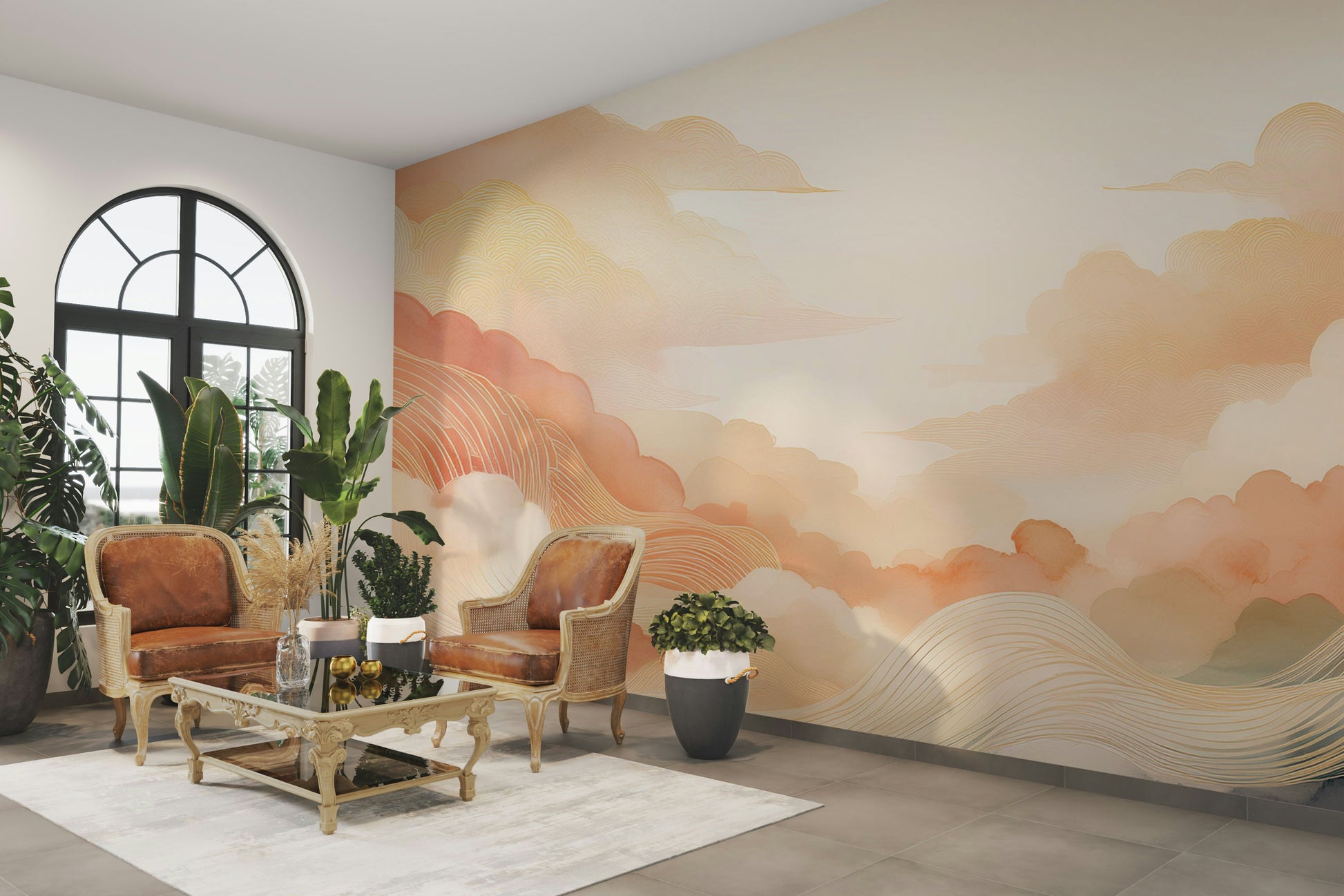 Close up of pink and orange cloud patterns on a high quality textured wall mural.