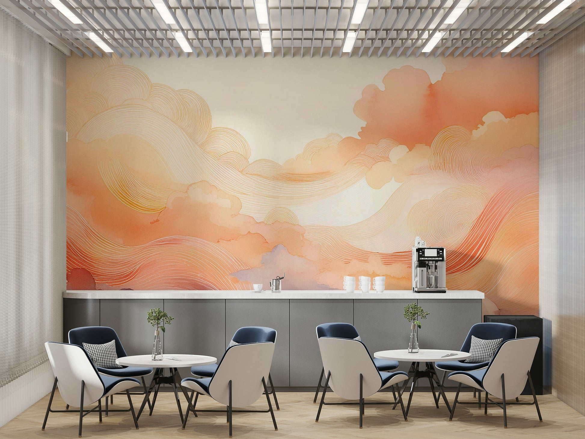 Light and airy dining room featuring a wavy abstract wallpaper.