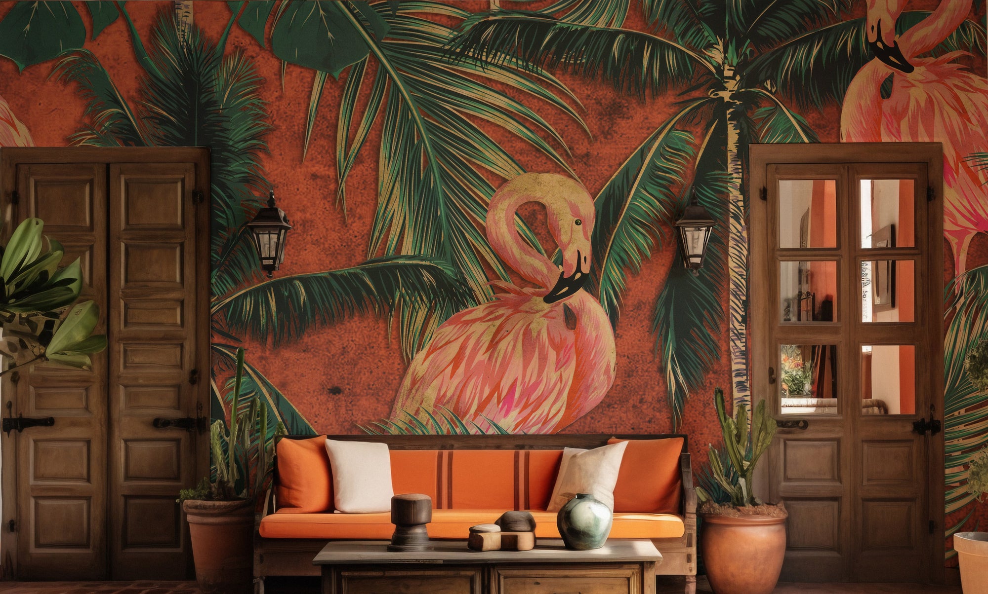 Coral Flamingo wallpaper mural shown as a full feature wall that highlights the design