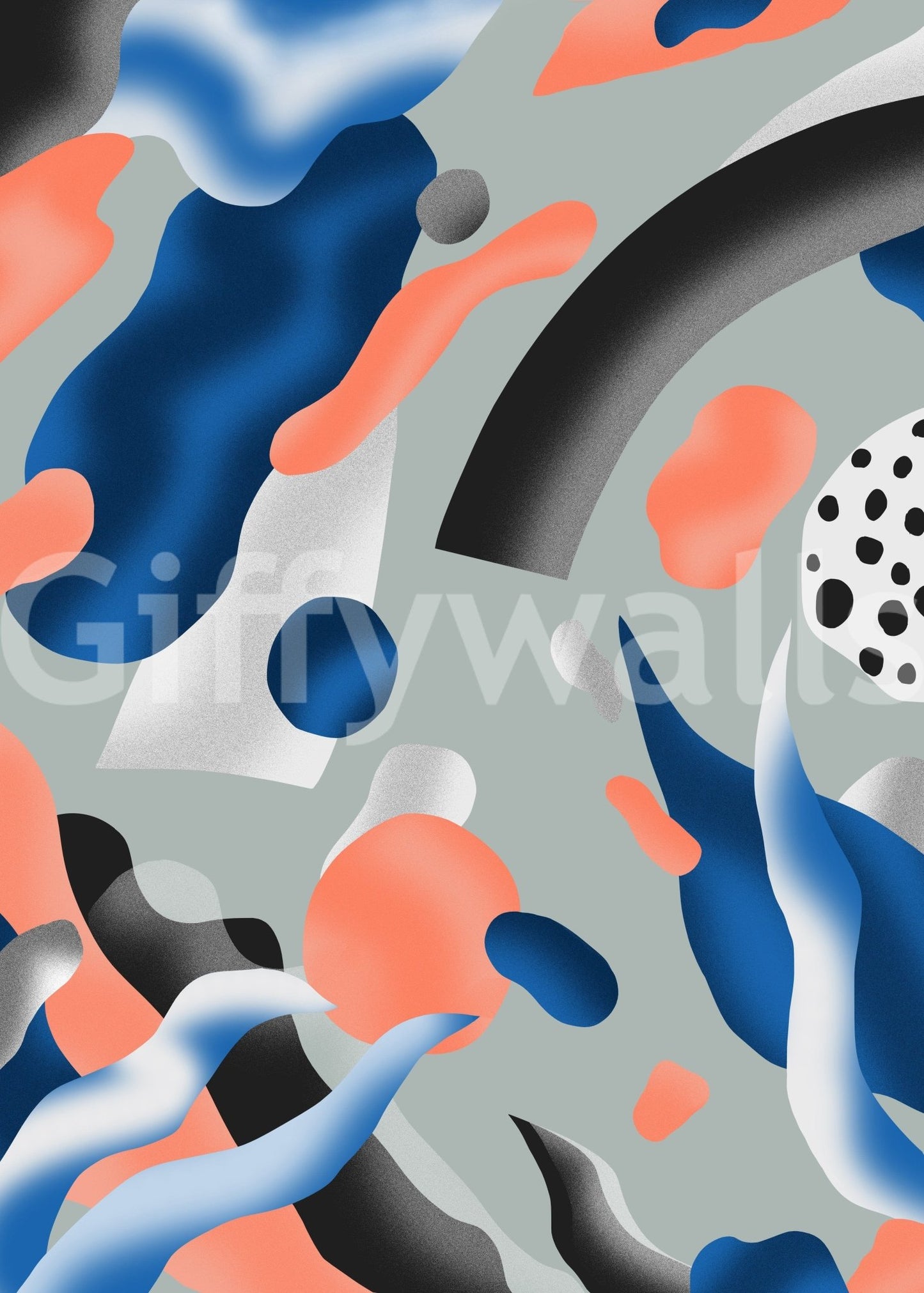 Coral & Indigo Dreams wallpaper mural close-up showing coral, indigo and black organic blob shapes on sage gray