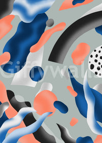 Coral & Indigo Dreams wallpaper mural close-up showing coral, indigo and black organic blob shapes on sage gray