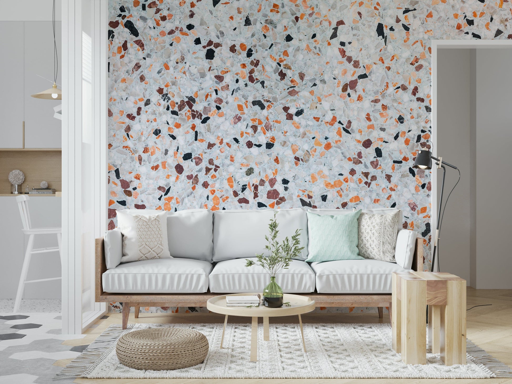 Crisp Light Coral Terrazzo mural scattered elements grey orange dark chips surface.
