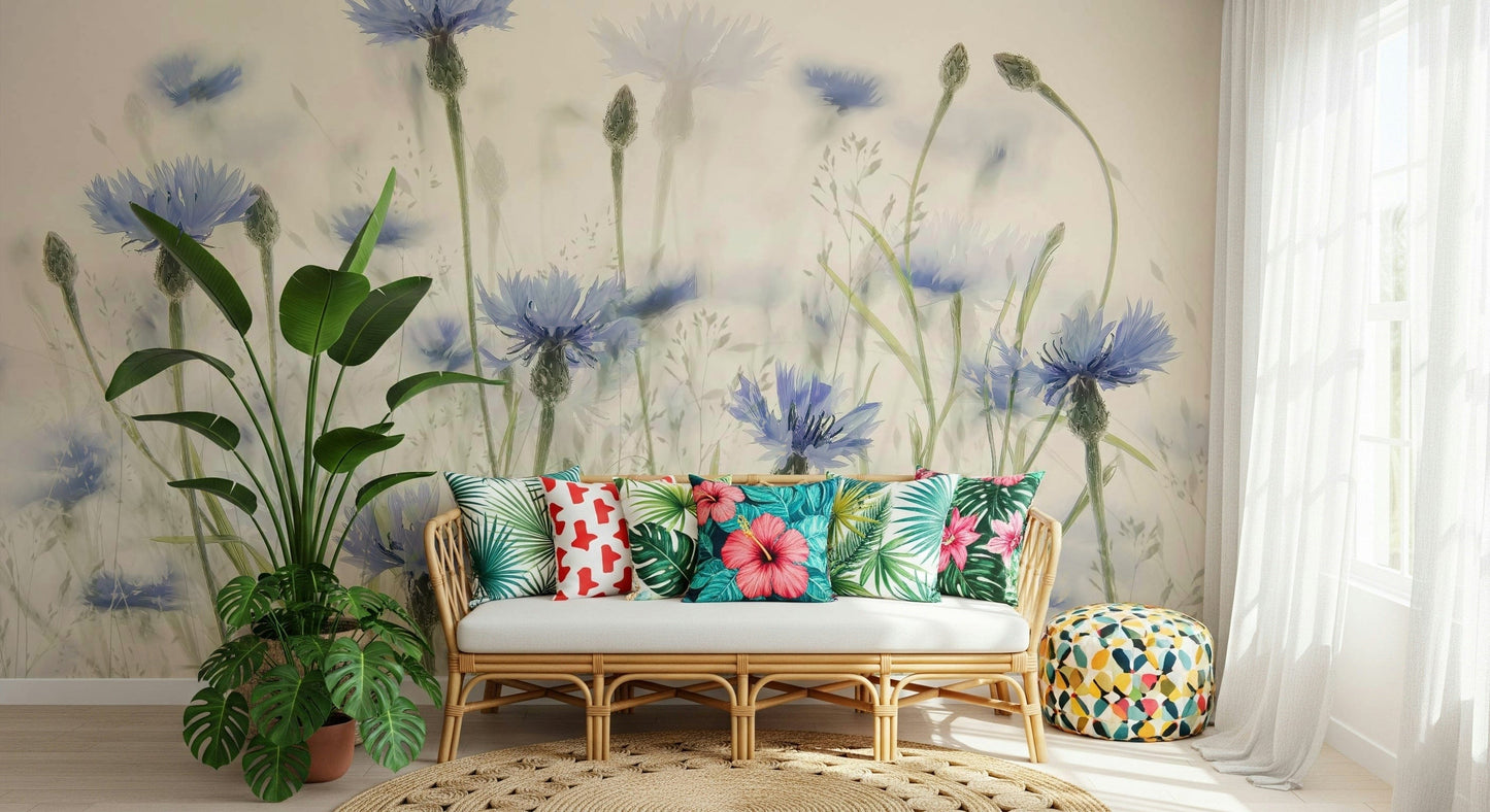 A calming floral design wallpaper mural that defines a space.

