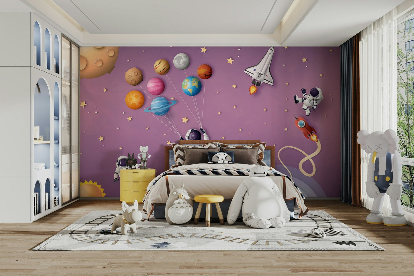 The design features a repeating pattern of soft, delicate planets, stars, and clouds.


