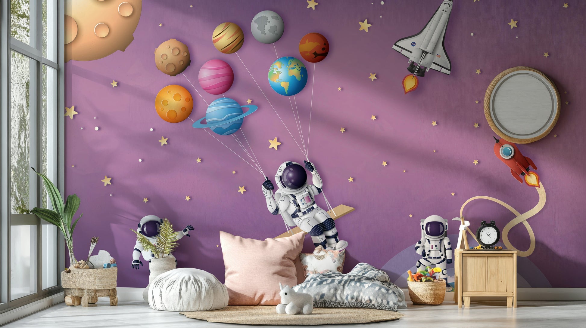 A peaceful wall mural with a whimsical, space-themed design.

