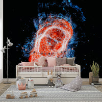 Cosmic Bloom wall mural of a red ring nebula behind a white daybed with pink cushions and plush toys in a kids room