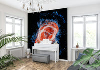 Cosmic Bloom wall mural of a glowing nebula behind a white upright piano in a bright window-lined music room