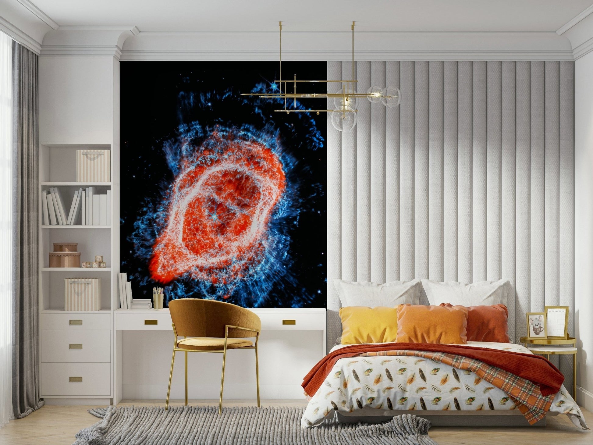 Cosmic Bloom wall mural of a fiery nebula behind a bed with mustard cushions and a gold desk chair in a bedroom