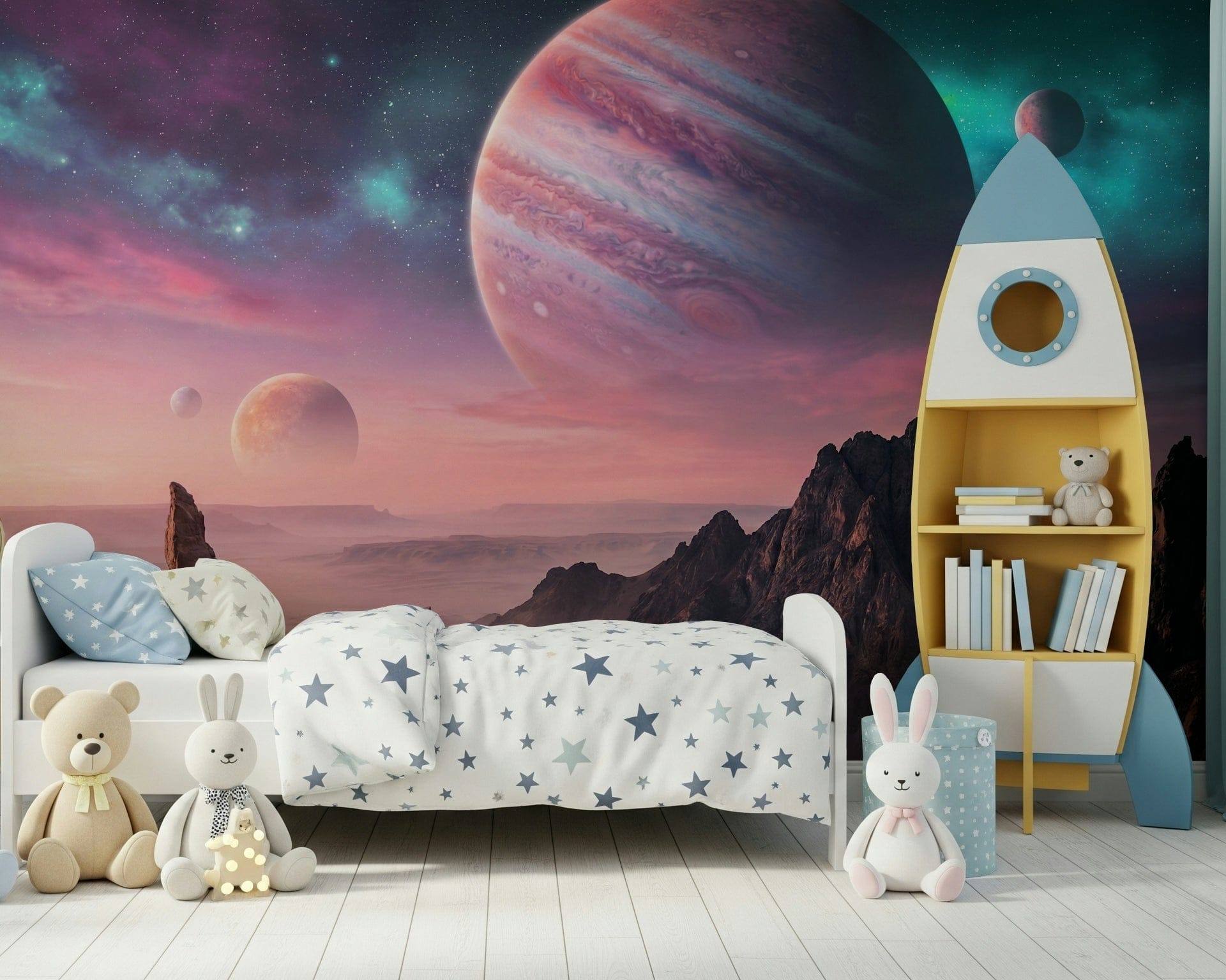 Desert canyon mural with cosmic stars in bedroom, moody lighting, modern apartment wall decor